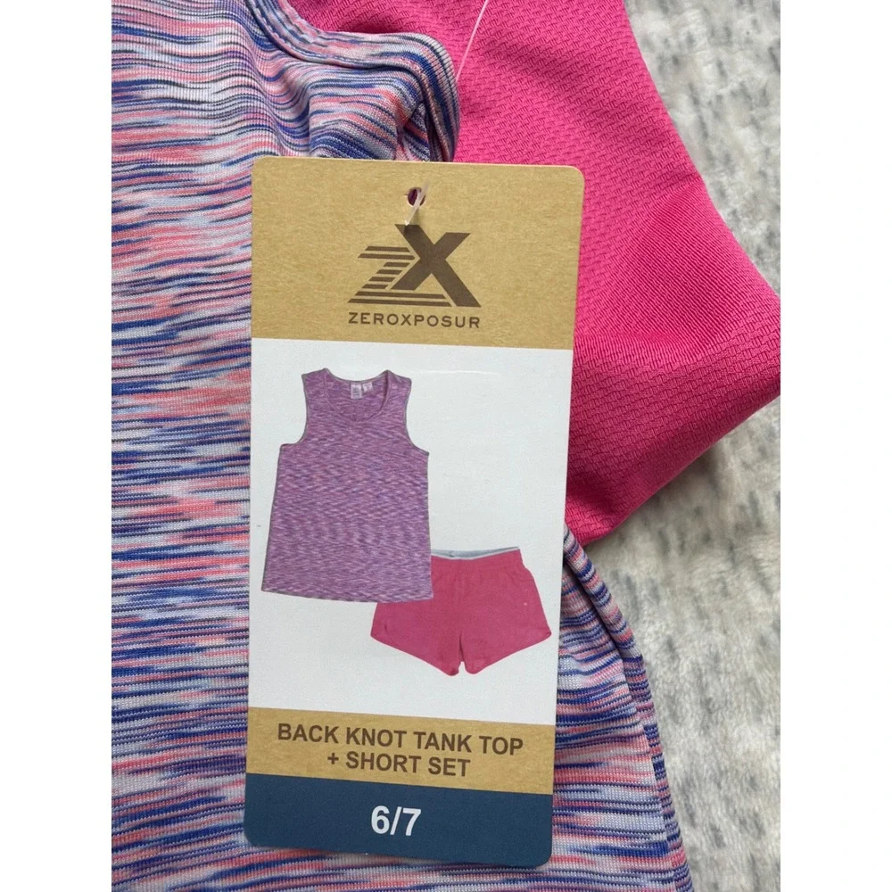 ZeroXposur‎ Girls 2PC Active Set Back Knot Tank Top Shorts Pink Space Dye 6/7
